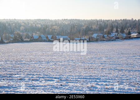 Winter frostige Landschaft. Ein schneebedecktes Dorf am Rande eines weiten Feldes. Stockfoto