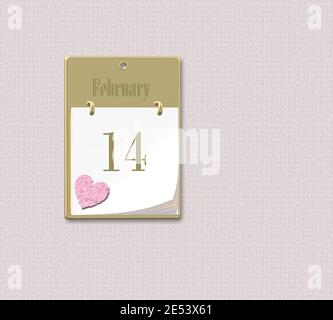 Kalender 14 Februar, Valentinstag mit rosa Herz, Valentinskarte, Tag zu erinnern. 3D-Illustration Stockfoto