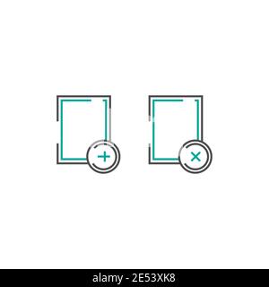 Satz von Dokumentsymbolen. Schwarzes abgerundetes Dokumentenblatt mit Pluszeichen. Flaches Symbol isoliert auf Weiß. Symbol zum Hochladen des Dokuments. Neues Dokument. Stock Vektor