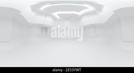 360 Grad sphärische Panorama-Ansicht der futuristischen Technologie Konzept modern White Room Building Interior 3D Rendering Illustration Stockfoto