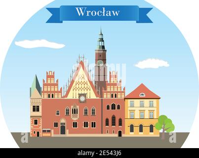 Gotisches Rathaus von Breslau, Polen - detaillierte Vektorgrafik Stock Vektor