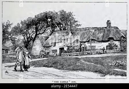Ein traditionelles Paar, das an der traditionellen Kneipe The Castle Inn, Lulworth, Dorset vorbei geht. Historischer Druck von 1880 Stockfoto