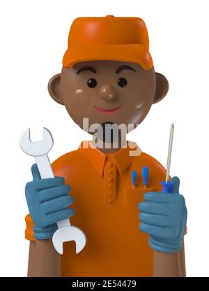Cartoon Charakter 3d Avatar lächelnd schwarz professionelle Mechaniker Arbeiter isoliert Auf Weiß Stockfoto