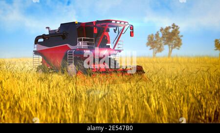 Industrielle 3D-Illustration von Autopilot Harvester Mähdrescher arbeiten auf dem Feld auf dem Land Stockfoto