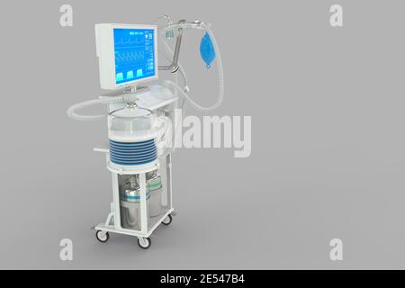 Medizinische 3D-Illustration, ICU künstlicher Lungenventilator mit fiktivem Design isoliert auf grauem Hintergrund - Fight 2019-ncov Konzept Stockfoto