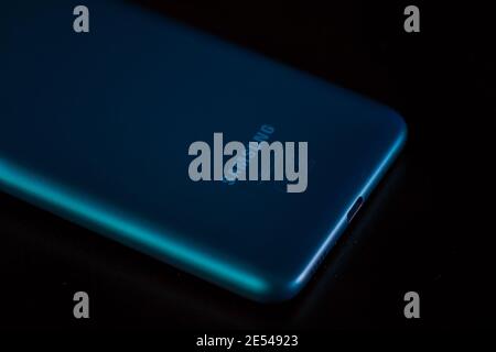 Selective focus on back of new smartphone Samsung Galaxy M11 . Bucharest, Romania, 2021 Stockfoto