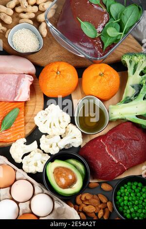 Gesunde Ernährung enthält Coenzym Q10, unterstützt das Immunsystem. Draufsicht, Kopierbereich, Tafel Stockfoto