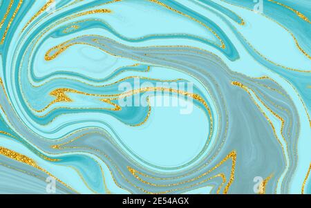 Abbildung eines türkisfarbenen Marmorhintergrunds mit goldenen Linien. Wirbel der farbigen Flüssigkeit. Stockfoto