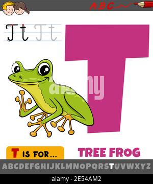 Pädagogische Karikatur Illustration des Buchstaben T aus Alphabet mit Baum Frosch Tier Charakter für Kinder Stock Vektor