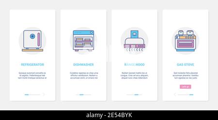 Küche elektrische Haushaltsgeräte, Ausrüstung Vektor Illustration. UX, UI Onboarding mobile App Seite Bildschirm mit Linie moderne inländische Technologie, Kühlschrank Geschirrspüler Bereich Dunstabzugshaube Gasherd Symbol Stock Vektor