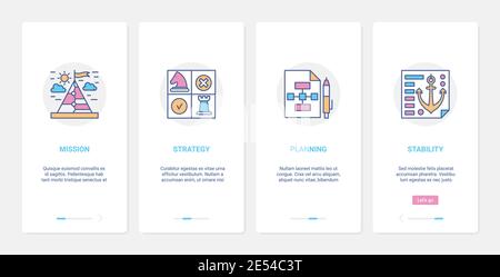 Abbildung des Konzeptes für die Erfolgsstrategie des Unternehmens. UX, UI Onboarding mobile App Seite Bildschirm mit Linie erfolgreich Mission Statement, Management-Planung, Business-Stabilität abstrakte Symbole Stock Vektor