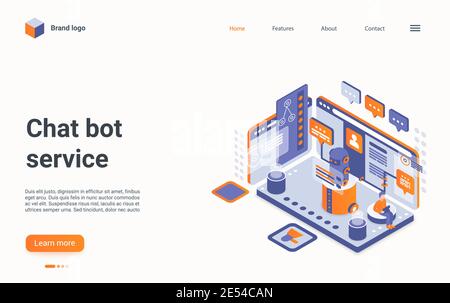 Chat bot Konzept isometrische Vektor-Illustration. Cartoon 3d Online-Service für die Kommunikation mit Kunden Benutzer in Messenger, Chat, Problem zu lösen, digitale Chatbot Kommunikation Landing Page Stock Vektor