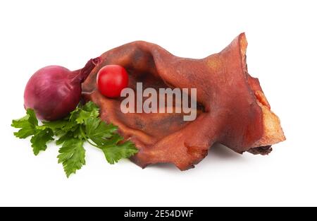 Geräuchertes Schweinefleisch Ohr isoliert auf einem weißen Hintergrund Stockfoto