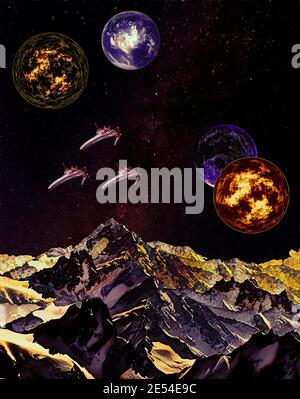 Bilderwelt Landschaft eines Planetensystems mit einer Geschwader von Raumschiff Stockfoto