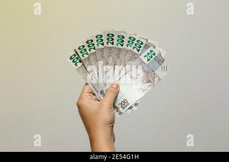 Hände mit brasilianischen Real-Banknoten, Brasilien BRL-Banknote, brasilianische Währung, Wirtschaft und Unternehmen. Stockfoto