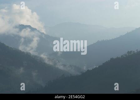 Blick auf das Tal von der Hacienda El Caney (Plantage), in der Kaffeeanbauregion, in der Nähe von Manizales, Kolumbien Stockfoto