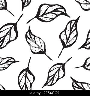 Inky schwarz und weiß Blatt nahtlose Vektor-Muster Hintergrund. Botanical vintage Illustration Stil Hand gezeichnet Linie Kunst fallen Blätter. Monochrom Stock Vektor