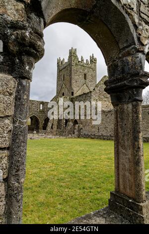 Thomastown, County Kilkenny, Irland. April 2016. Jerpoint Abbey ist eine Zisterzienserabtei, die 1180 mit bemerkenswerten Steinschnitzereien erbaut wurde. Stockfoto