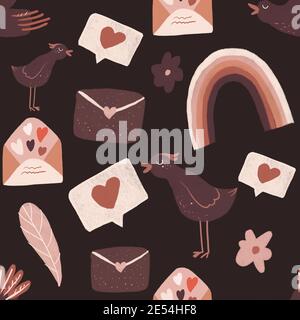Set von romantischen Ikone in Doodle-Design. Schriftzug, Amor, Vögel, Herzen, Blume, Lippen und andere. Valentinstag Figuren und Illustrationen. Stockfoto