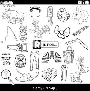 Schwarz-Weiß-Cartoon-Illustration der Suche nach Bildern beginnend mit Letter R pädagogische Aufgabe Arbeitsblatt für Kinder mit Objekten und Comic-Charakter Stock Vektor