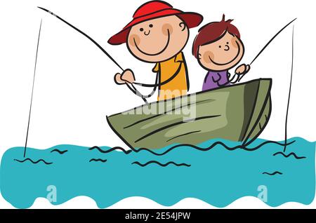 Zwei Fischer mit Angelruten auf Boot Stock Abbildung, Stick Figur Männer Angeln Vektor Stock Vektor