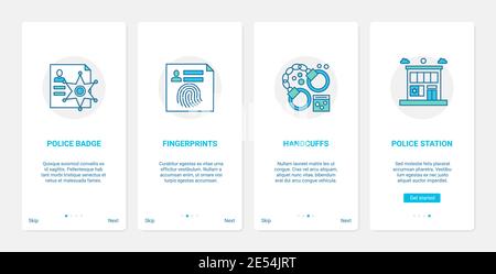 Polizei Kriminalität Symbole Vektor-Illustration. UX, UI Onboarding mobile App-Seite Bildschirm mit Linie abstrakte Abzeichen Polizist, kriminelle Fingerabdrücke, Handschellen für Gangster, Polizeirevier Gebäude Stock Vektor