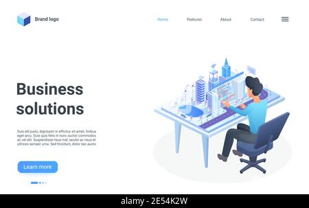 Abbildung des isometrischen Vektorkonzepts für Geschäftslösungen. Cartoon 3d Geschäftsmann Figur sitzt vor der modernen Stadt Layout-Modell mit Innenstadt Wolkenkratzer, Business Office Türme Landing Page Stock Vektor