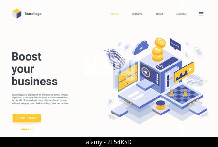 Steigern Sie Ihr Unternehmen isometrische Landing Page Design, Cartoon abstrakte Maschine bei der Unterstützung im Prozess der Geldverdienen, Beratung im Business-Marketing, Unternehmensmanagement Beratung Vektor Illustration Stock Vektor