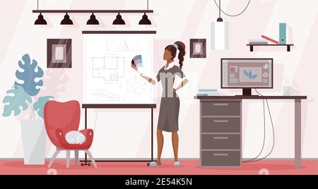 Designer freiberuflich arbeiten von zu Hause Vektor Illustration. Cartoon Frau Charakter hält Palette von Farben, stehen am Arbeitsplatz mit Wohnung Plan, um Raum zu entwerfen, freiberufliche Hintergrund Stock Vektor