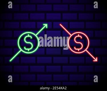 Leuchtende Neon auf und ab Pfeile mit Dollar-Symbol-Symbol isoliert auf Backstein Wand Hintergrund. Geschäftskonzept. Vektorgrafik. Stock Vektor