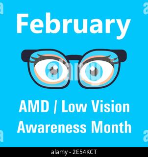 AMD, Low Vision Awareness Monat Veranstaltung wird im Februar gefeiert. Medizinischer Augenarzt Augenlicht Check up Konzeptvektor. Brillen sind abgebildet. Stock Vektor