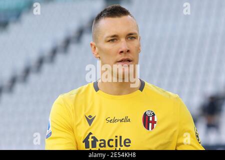 Turin, Italien. Januar 2021. Turin, Italien, Allianz Stadion, 24. Januar 2021, Lukasz Skorupski (Bologna) während Juventus FC gegen Bologna FC - Italienischer Fußball Serie A Spiel Credit: Claudio Benedetto/LPS/ZUMA Wire/Alamy Live News Stockfoto