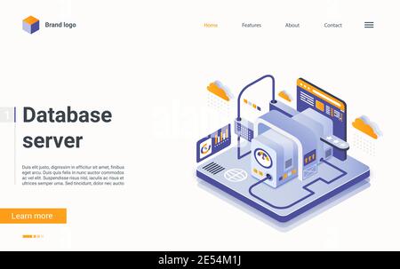 Isometrische Vektordarstellung des Datenbankservers. Cartoon 3d virtuelles Hosting Rechenzentrum Service zu steuern, zu analysieren und zu verwalten Datendateien, Support-System-Infrastruktur, moderne Technologie Landing Page Stock Vektor