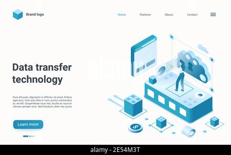 Datenübertragung, Management Internet-Technologie isometrische Vektor Illustration. Cartoon 3d-Benutzer Charakter Hochladen digitaler Dokumente, herunterladen und verwalten Multimedia-Dateien in Cloud-Datenbank Landing Page Stock Vektor