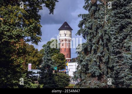 Wasserturm in der Stadt Morag, Kreis Ostroda in der Woiwodschaft Warmian-Masuren im Norden Polens Stockfoto