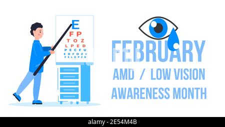 AMD, Low Vision Awareness Monat Veranstaltung wird im Februar gefeiert. Medizinischer Augenarzt Augenlicht Check up Konzeptvektor. Augenarzt Illustration für Stock Vektor