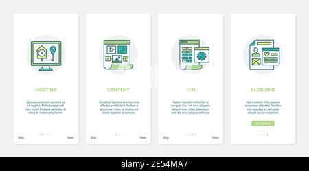 Digitale Medien Technologie Förderung Vektor Illustration. UX, UI Onboarding mobile App Seite Bildschirm mit Line-Hosting, Promo-Blog-Inhalte in sozialen Medien, seo-Analyse und Keyword-Blogging-Symbole Stock Vektor