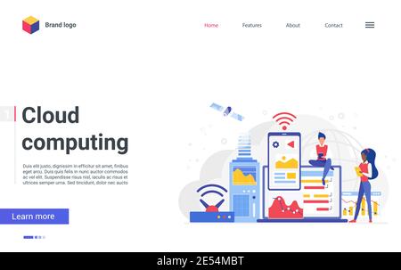 Cloud-Computing, Vektorgrafik Netzwerkkonzept. Cartoon Benutzer Menschen Networking, mit Mobiltelefon für die Kommunikation oder Arbeit, Download teilen Content-Daten, digitale moderne Technologie Landing Page Stock Vektor