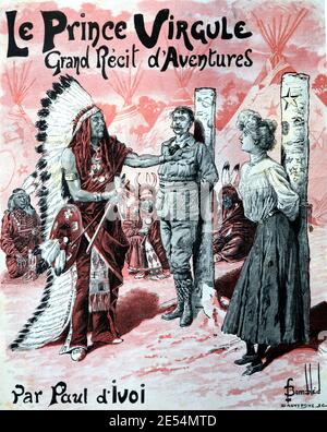 Altes Buchcover oder Abenteuergeschichte zeigt europäische Siedler, die an Totem-Polen gebunden sind und von Indianern oder Indianern im Wilden Westen der Vereinigten Staaten von Amerika als Geisel gehalten werden. 1904 Vintage Illustration oder Gravur Stockfoto