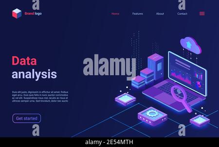 Datenanalyse, Finanzanalyse isometrische Vektordarstellung. Cartoon 3d Analyst Händler Arbeitsplatz mit Laptop und Big Chart Graph Informationen, Finanzforschung Business Technologie Landing Page Stock Vektor