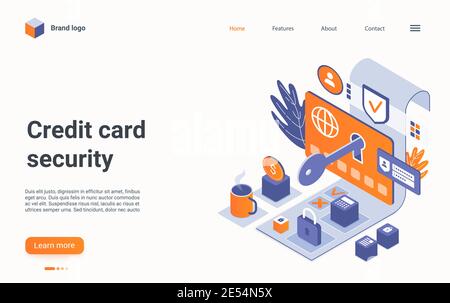 Isometrische Grafik zum Sicherheitsvektor für Kreditkarten. Cartoon 3d Online-Zahlungsschutz während der Sicherheit einkaufen, sichere Geldtransfer, sichere Banktransaktion mit Passwort-Verifizierung Landing Page Stock Vektor