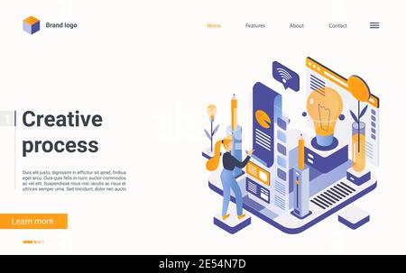 Kreative Arbeit Prozess Konzept isometrische Vektor-Illustration. Cartoon 3d Frau Entwickler Charakter arbeiten mit Statistiken, Verarbeitung von Daten auf digitalen Dashboard, Entwicklung Idee Projekt Landing Page Stock Vektor