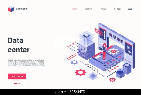 Darstellung der isometrischen Vektorgrafik der Rechenzentrumstechnologie. Cartoon 3d Ingenieur Admin Charakter arbeiten mit großen Workstation Hardware-Ausrüstung, Datenbank-Speichersystem, Tech-Infrastruktur Landing Page Stock Vektor