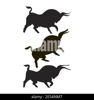 Drei schwarze Stiere. Dynamische Wildbullen-Silhouetten. Wütende Tiere gruppieren sich in verschiedenen Positionen. Seitenansicht. Gezogene Büffel. Spanischer Stierkampf. Isoliert Stock Vektor