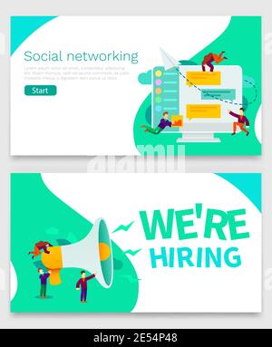 Kleine Cartoon Menschen mit Megaphon Banner. Gruppe von kleinen Menschen doin Gespräch auf Social Media oder Online-Chat-Anwendung. Kann für Präsentation, Banner, Landing Page verwendet werden. Vektorgrafik Stock Vektor