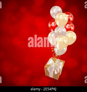 Realistische Geschenkbox mit Luftballons auf dunkelrotem Hintergrund. Feiertagsgestaltung für Party, Geburtstag, Jubiläum, Valentinstag, Hochzeit Stock Vektor