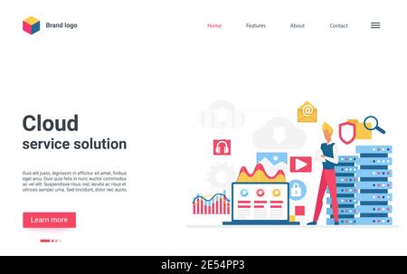 Vektordarstellung für Cloud-Service-Lösungen. Cartoon Benutzer Mann Figur steht in der Nähe Cloud-Speicher-Server-Datenbank, Vernetzung, Hochladen digitaler Inhalte, arbeiten mit Datendateien online Landing Page Stock Vektor