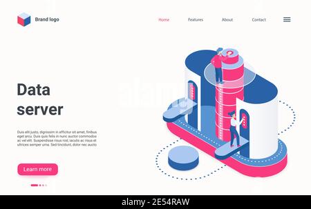 Darstellung des isometrischen Vektors für den Datenserver-Service. Cartoon 3d Menschen arbeiten in Hosting-Server oder Rechenzentrum Raum, abstrakte Datenbank Innovation Technologie für digitale Informationsspeicherung Landing Page Stock Vektor