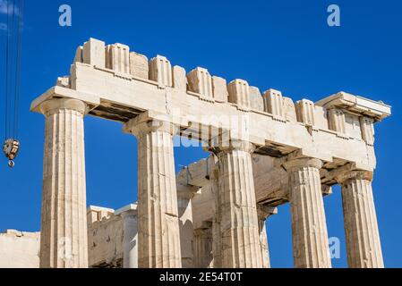 Nahaufnahme auf das Parthenon Tempel für die Göttin Athene, Teil der Akropolis von Athen, Griechenland gewidmet Stockfoto