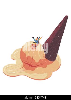 Winterspaß für Kinder. Süßzahn Illustration, Schlitten auf Eis, Druckbare digitale Illustration. Geeignet für Geschenke oder Süßigkeiten Werbung. Stock Vektor